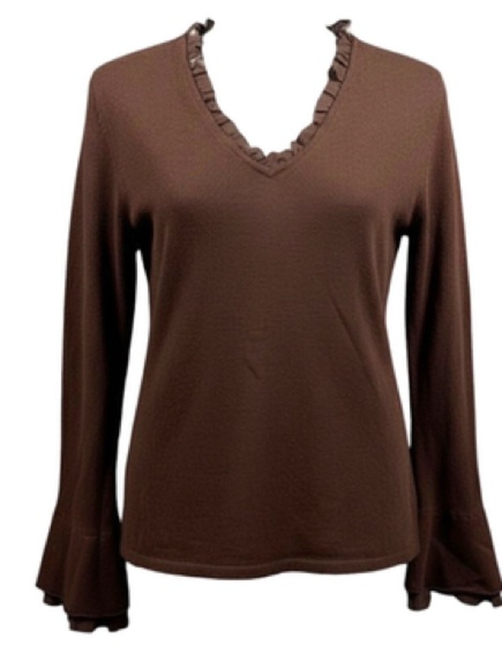 Lauren Ralph Lauren Silk Cashmere Chocolate Brown Ruffle V-Neck Long Sleeve Top